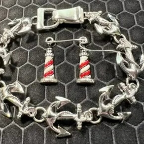 Anchor Bracelet and Light House Earring Set 18K White Gold Plated - Picture 1 of 2